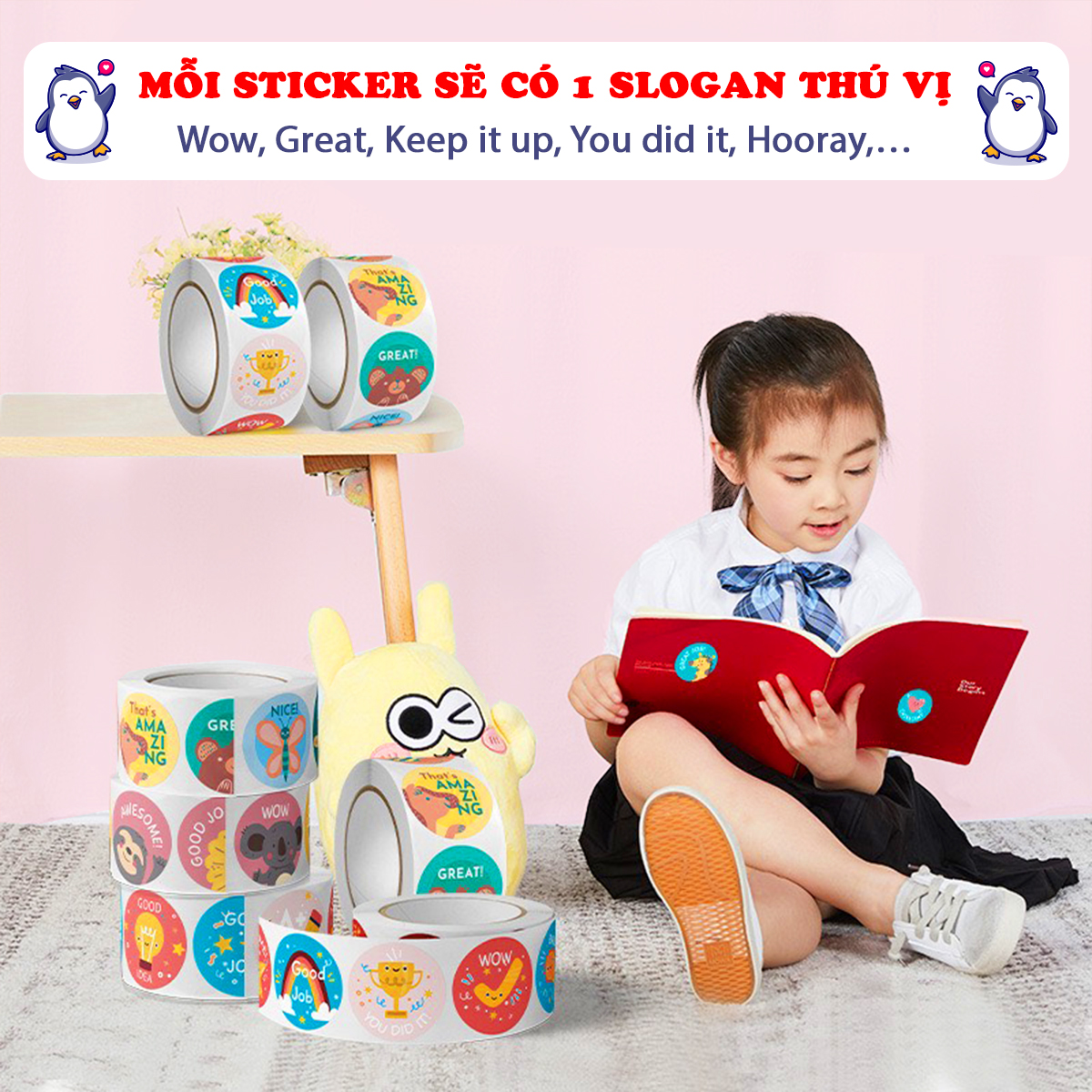 Cuộn 500 sticker nhãn dán khích lệ khen thưởng học tập cho bé yêu với nhiều họa tiết kèm slogan khiến những giờ học thêm sinh động – ST010