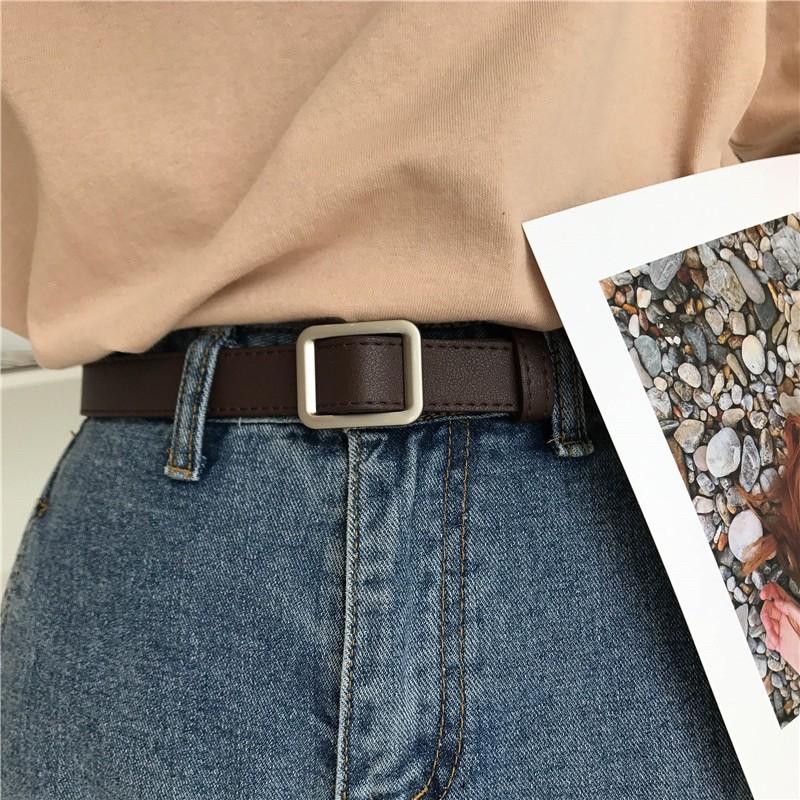 Thắt lưng da nam nữ Ulzzang mặt vuông -BELT Dây nịt da mặt vuông bạc, chữ nhật Style HÀN QUỐC
