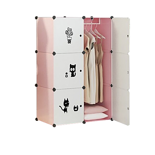 Tủ nhựa lắp ghép 6 Ô quần áo hồng cửa trắng decal