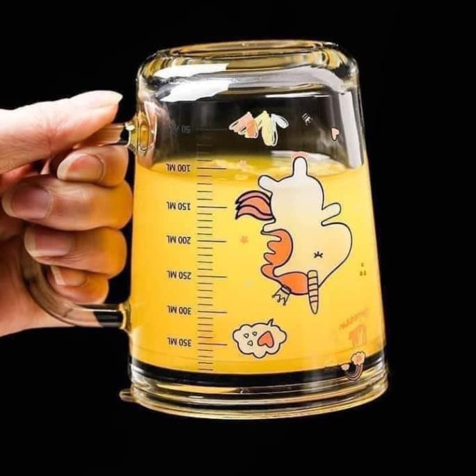 Cốc Uống Sữa Chia Vạch thủy tinh nắp giữ nhiệt chống tràn kèm ống hút bình cốc cách nhiệt kiểu hoạt hình