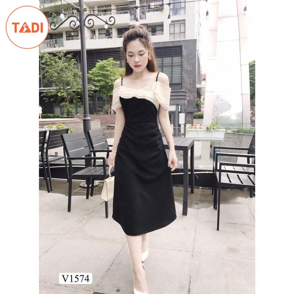 Đầm dự tiệc 2 dây trễ vai màu đen V1574