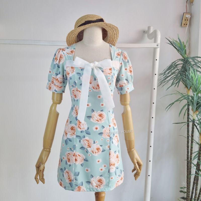 Đầm thiết kế WONDERHOUSE cổ vuông phối nơ trắng tơ xước in hoa công sở, dạo phố nữ tính - Anie dress