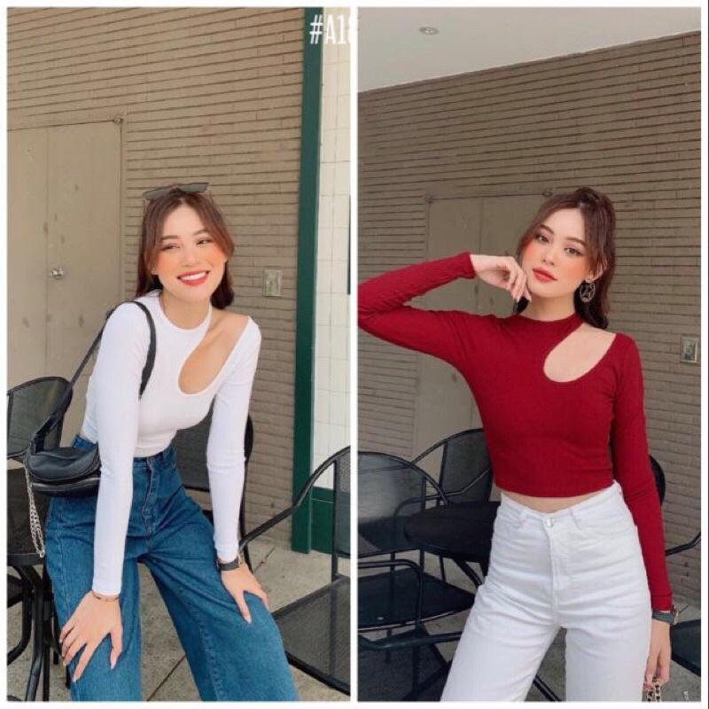 Áo croptop nữ tay dài khoét vai có 3 màu freesize