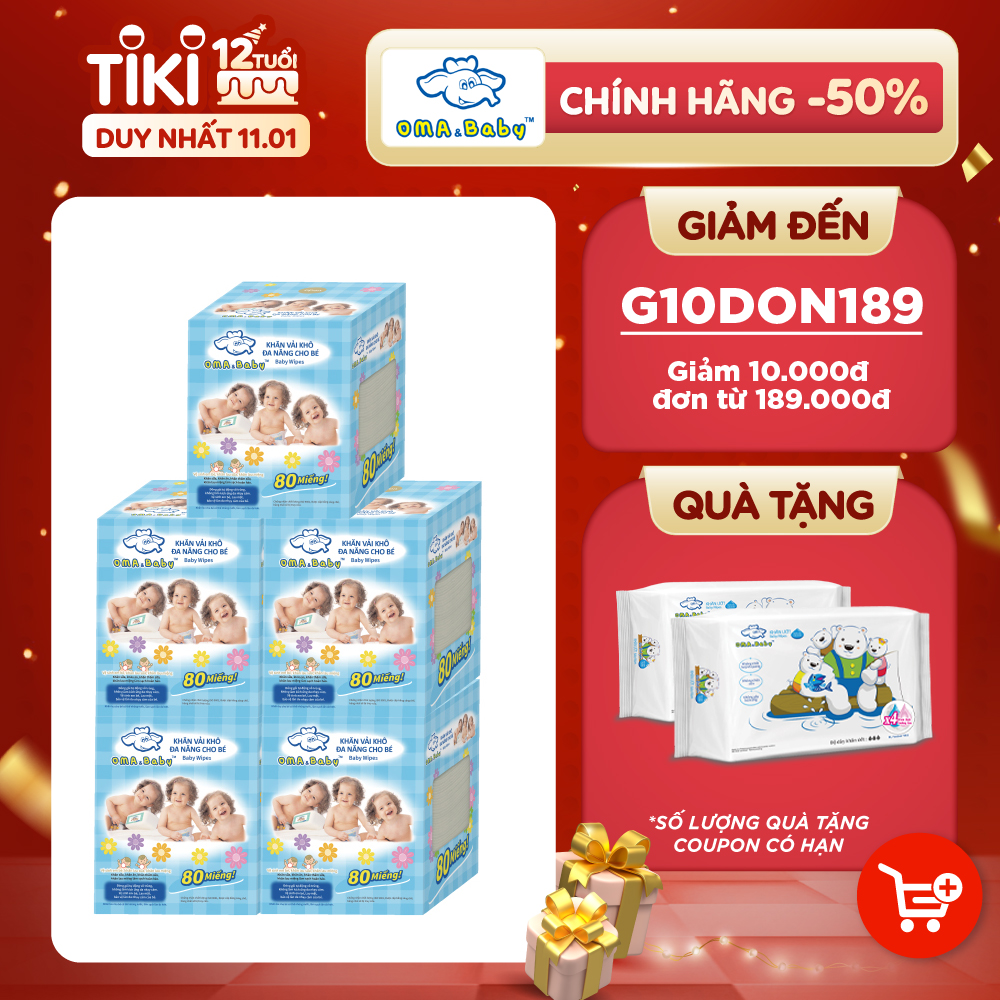 Combo thùng mini 5 hộp khăn vải khô đa năng cho bé Oma Baby ( 1 Hộp/ 80 miếng)