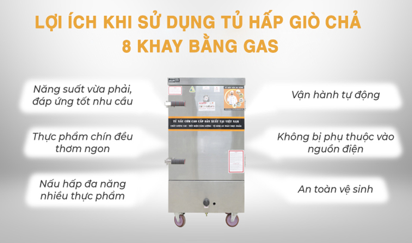 Tủ Hấp Giò Chả, Thực Phẩm 48 Kg Bằng Gas 8 Khay Inox 304 NEWSUN, Năng Suất Cao - Hàng Chính Hãng