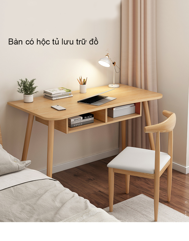 Bàn làm việc, bàn học màu trắng cao cấp, hiện đại tích hợp hộc tủ để đồ tiện lợi, chân gỗ tự nhiên chắc chắn, bền bỉ