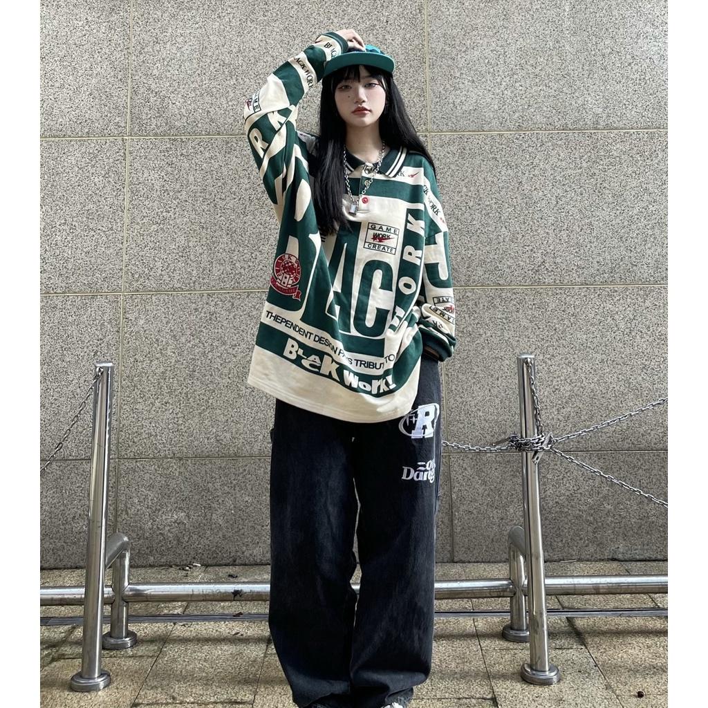 Áo Sweater Cổ Polo Dài Tay In Chữ BLACK WORK Phối Màu Xanh Be Dáng Rộng Basic