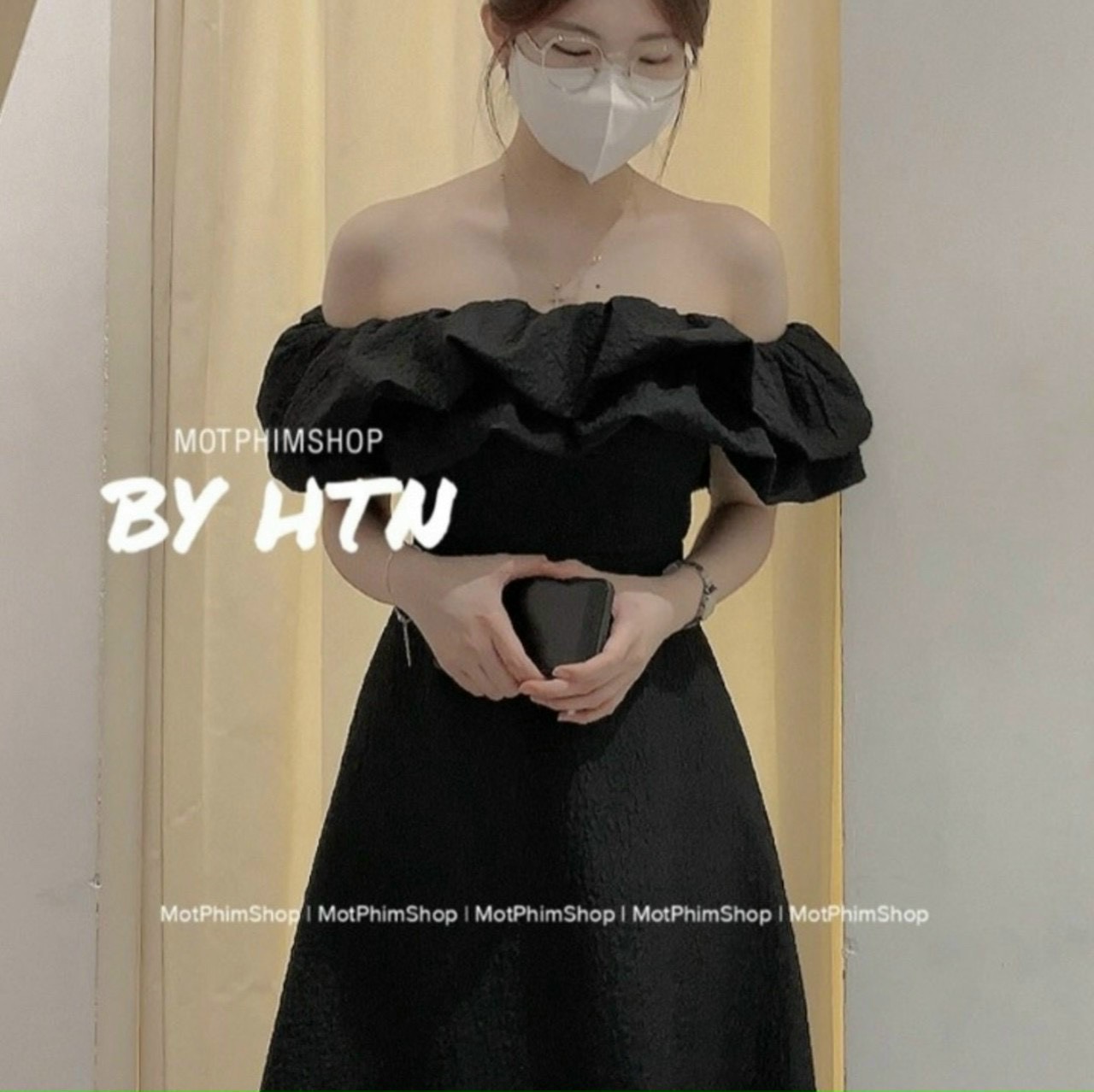 Đầm midi bẹt vai phồng chất xốp sang trọng