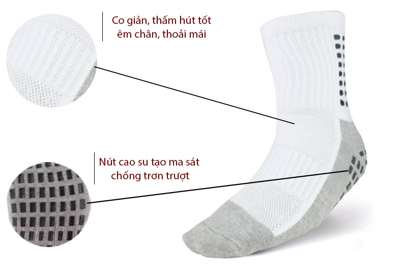 Vớ chống trượt đá banh - Màu Trắng Cổ Lửng