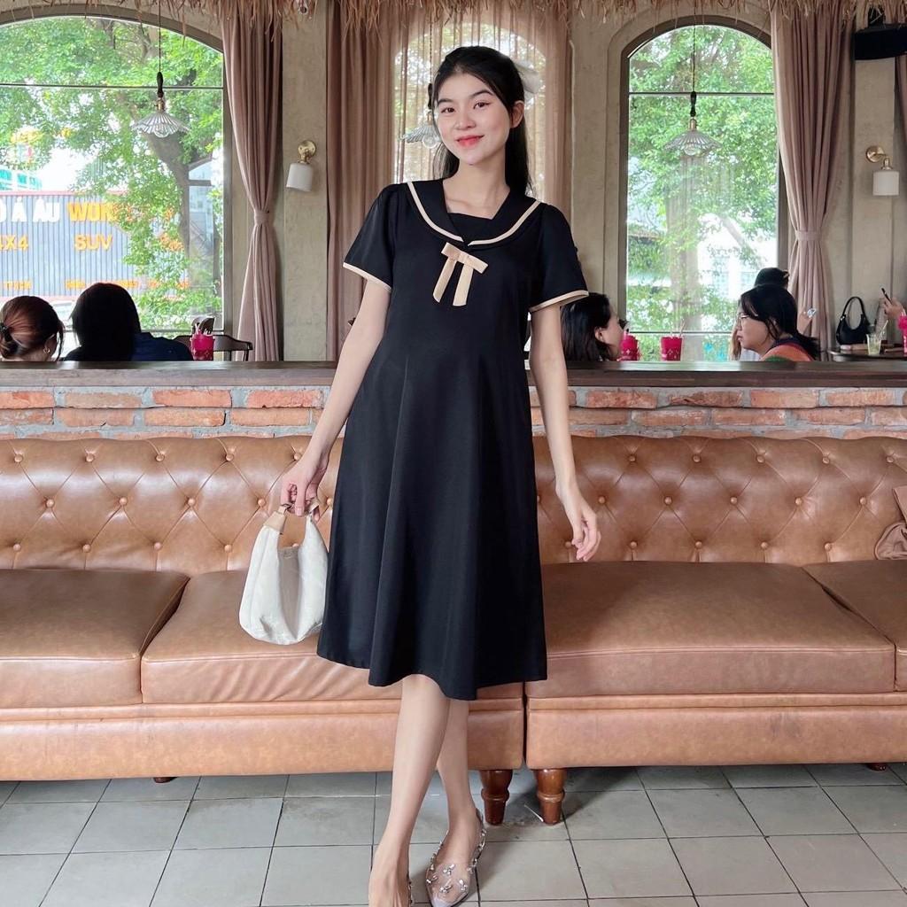 Đầm bầu cotton lạnh cổ sen đính nơ viền cách điệu dễ thương - Đen