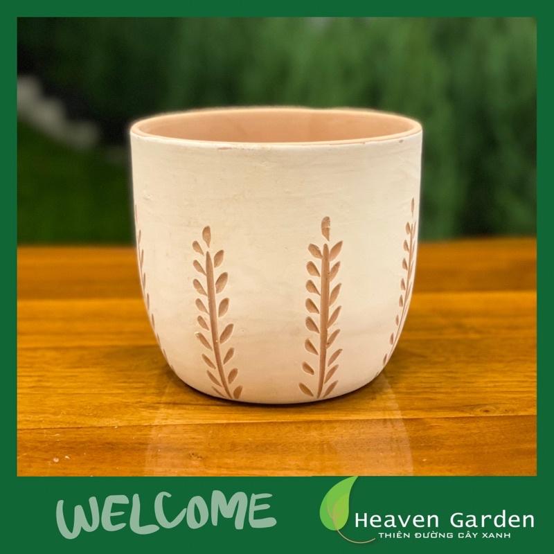 Chậu đất nung trứng sơn trắng sọc ngang 14x14cm- chậu trồng cây