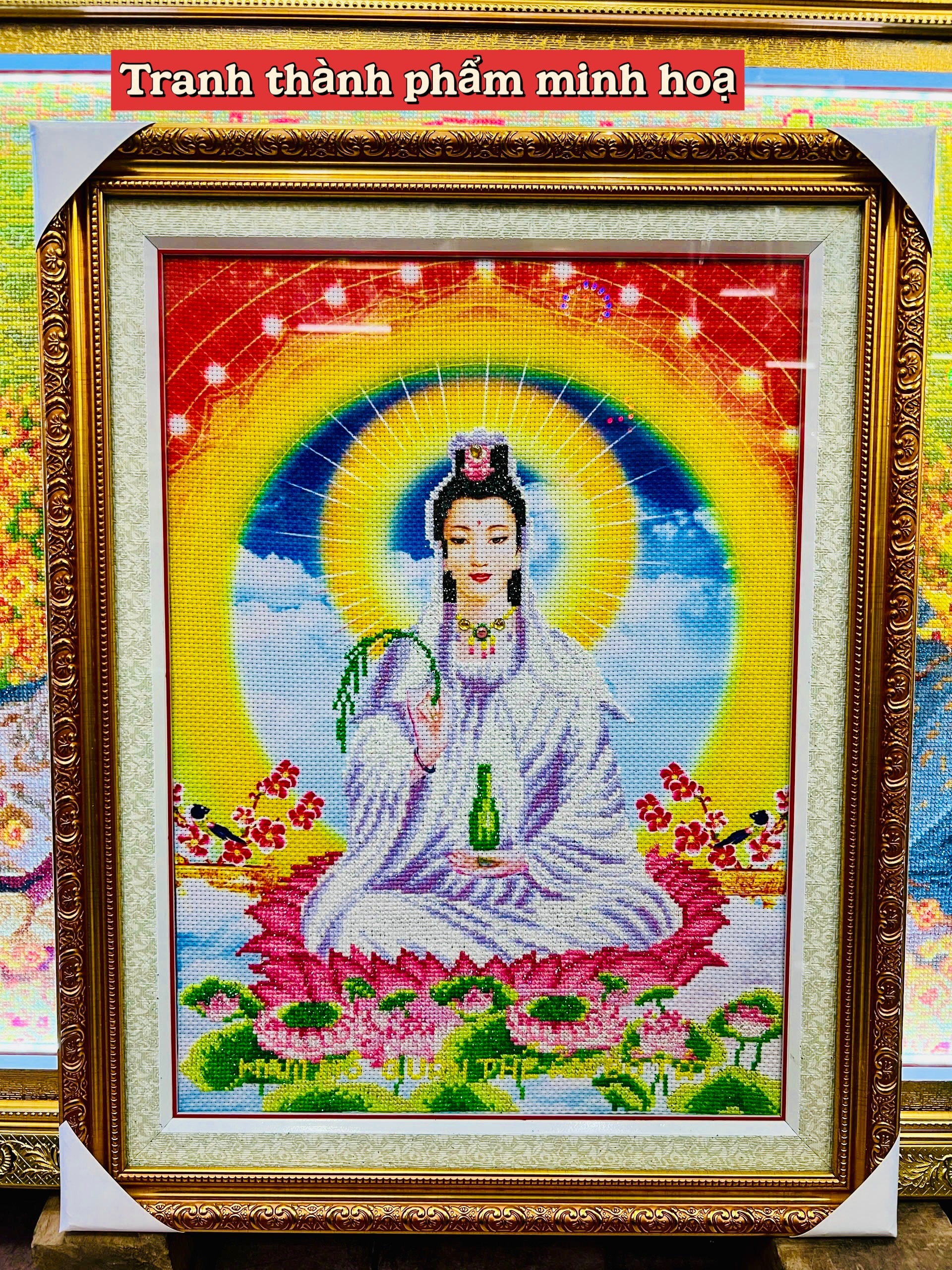 Tranh thêu chữ thập Phật quan âm LV3075, kích thước 43 x 55 cm