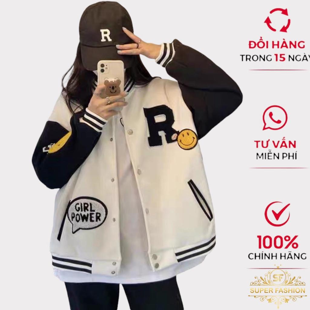 Áo Khoác Nỉ Bomber Nữ Fashion in Họa Tiết Chữ R Tay Phối Mặt Cười Chất Nỉ Bông Dày Đep Hot Trend