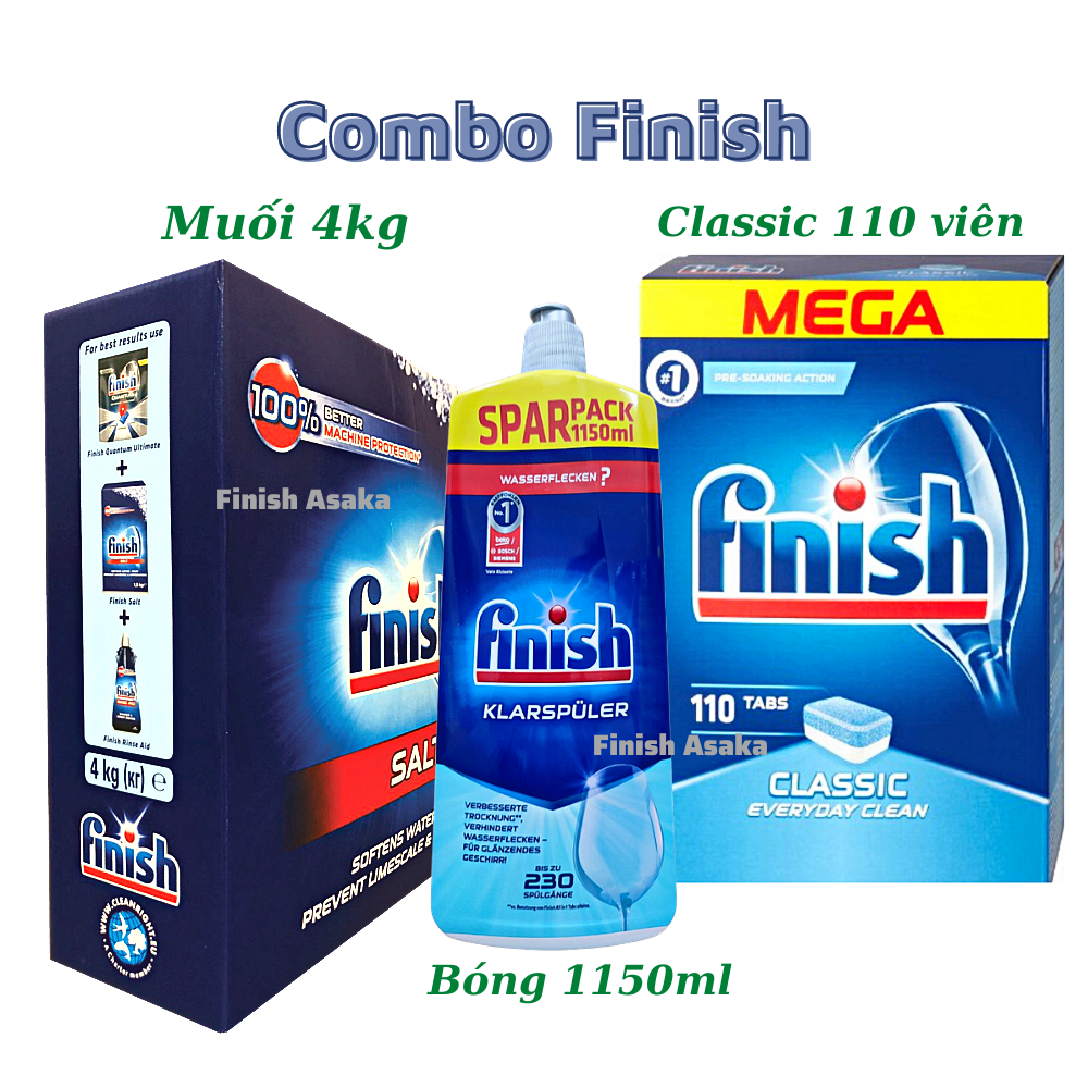 Combo rửa chén Finish: Nước Làm bóng 1150ml, Muối hộp 4kg, Hộp Classic 110 viên - Nhập khẩu Châu Âu.