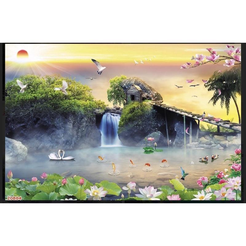 Tranh phong cảnh dán tường 3d. tranh in vải lụa chống ẩm mốc, siêu bền