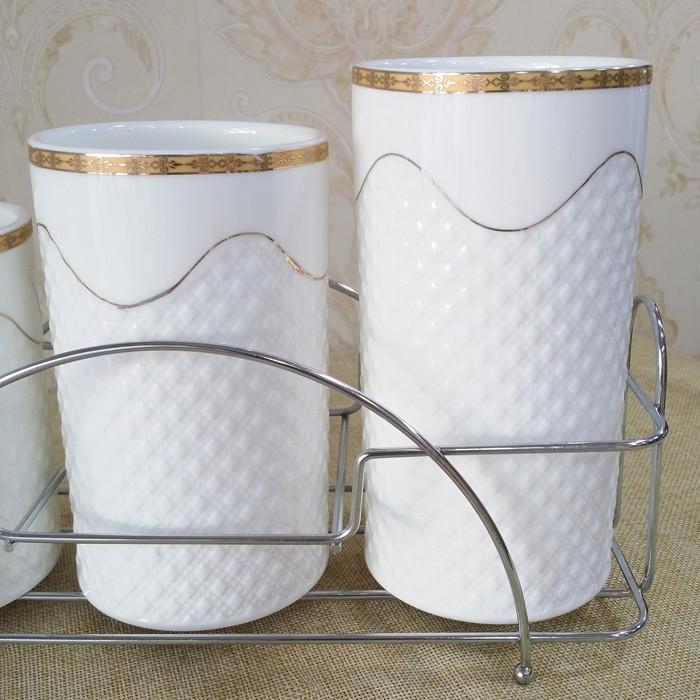 Ống đũa sứ đôi | ỐNG CẮM ĐŨA 2 CÓ THOÁT NƯỚC KHUNG KIM LOẠI | 2 HŨ SỨ ĐỰNG ĐŨA VÂN SẦN CAO CẤP VIỀN VÀNG