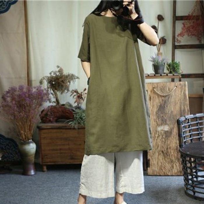 Đầm suông linen cổ tròn cơ bản trẻ trung không kén dáng mặc