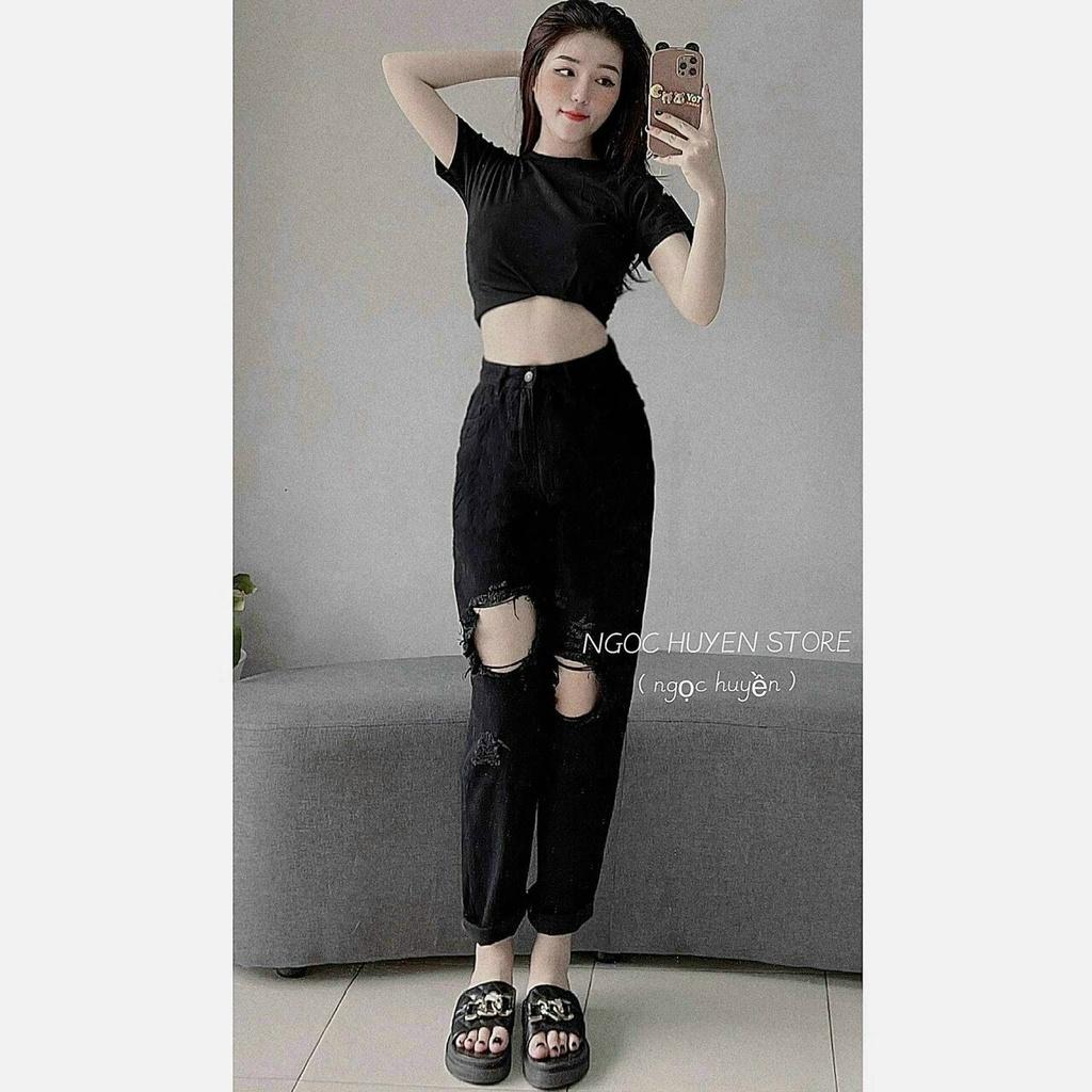 Quần slim baggy jean đen rách gối ô vuông - Quần boyfriend ống suông lưng cao quảng châu hàng sẵn