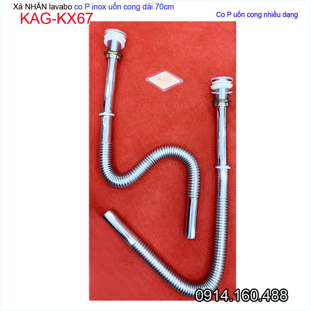 Bộ xả nước chậu rửa mặt KAG-KX67, Xả lavabo ấn tay ống thải co P inox mềm có thể uốn bẻ lắp 100% lavabo treo tường