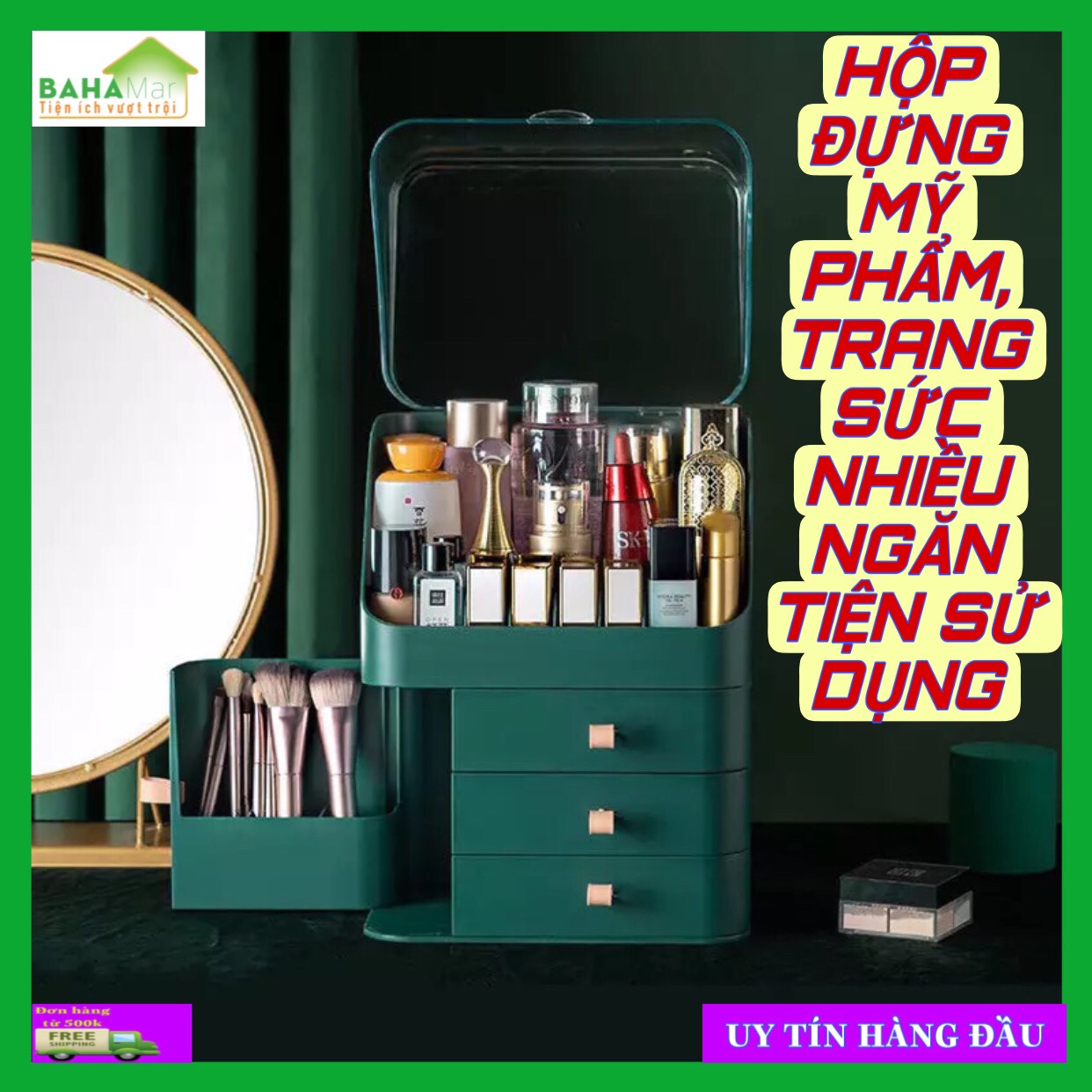 HỘP ĐỰNG MỸ PHẨM, TRANG SỨC NHIỀU NGĂN TIỆN SỬ DỤNG "BAHAMAR" Trong lòng hộp rộng, để công suất lớn, có không gian để cọ trang điểm, Có ngăn chuyên dụng đặt son môi,