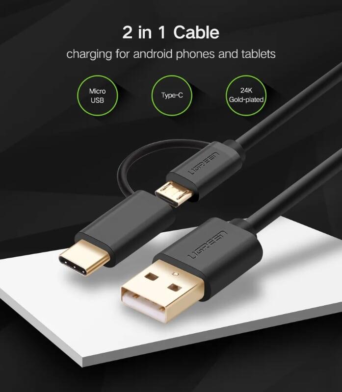 Ugreen UG30177US142TK 1.5M màu đen Cáp USB-A 2.0 sang Micro USB + USB-C - HÀNG CHÍNH HÃNG