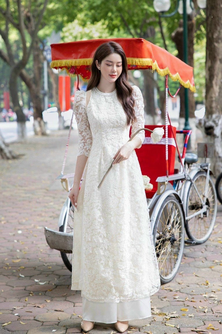 ÁO DÀI REN CAO CẤP CỔ ĐÍNH HẠT NGỌC