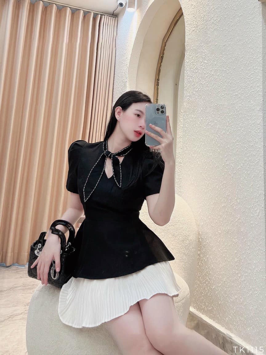 Áo peplum chỉ nổi cột nơ cổ điệu đà, sang trọng