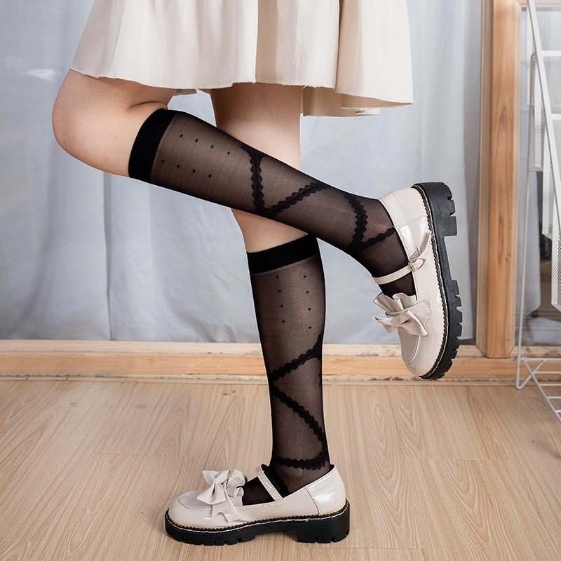 Tất, vớ mỏng tới bắp chân phong cách lolita họa tiết nơ chìm chấm bi, thoáng mát, cá tính, cosplay Gợi Cảm Cho Nữ
