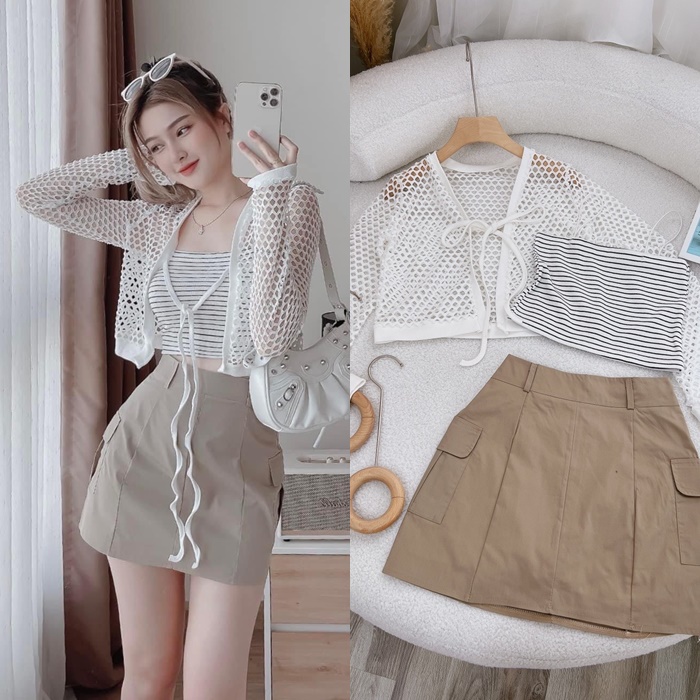 SET ÁO CROPTOP DÂY SỌC + ÁO KHOÁC LƯỚI LỬNG TAY DÀI + CHÂN VÁY TRƠN NGẮN LƯNG CAO DẠO PHỐ DỰ TIỆC GIÁNG SINH NOEL