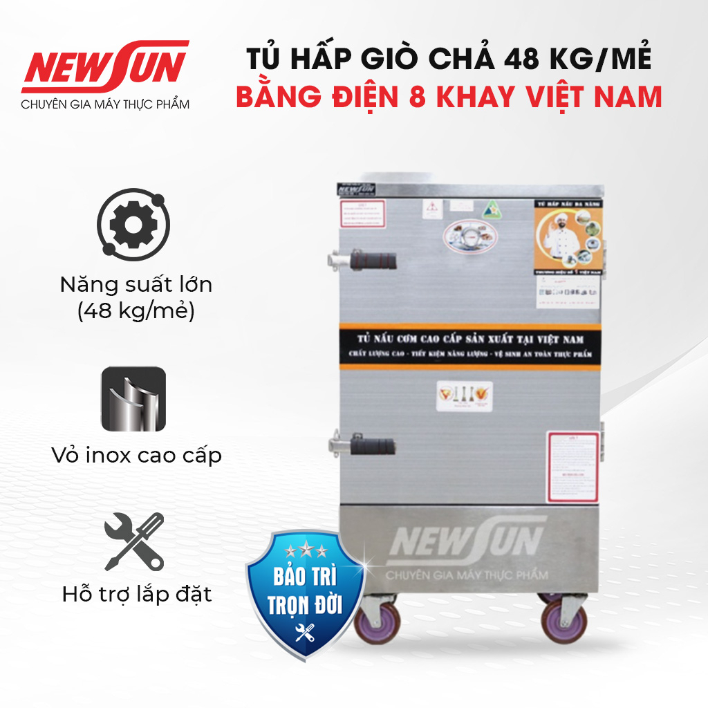 Tủ Hấp Giò Chả, Thực Phẩm 48 Kg Bằng Điện Gas 8 Khay inox 304 NEWSUN, Năng Suất Cao - Hàng Chính Hãng