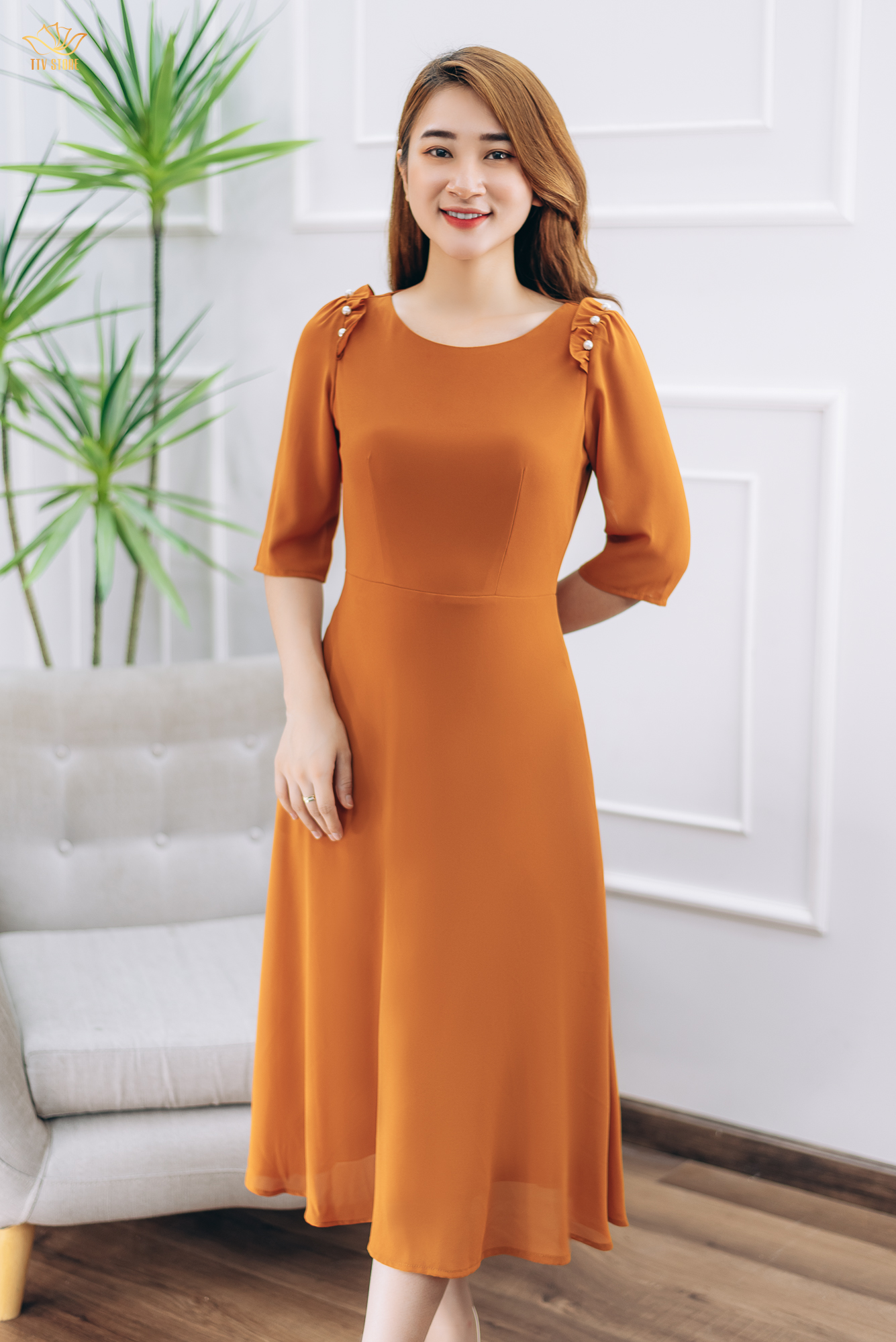 Đầm form A thiết kế trung niên dáng dài Cổ tròn tay lỡ kết ngọc màu Cam gạch TTV STORE TTV1402