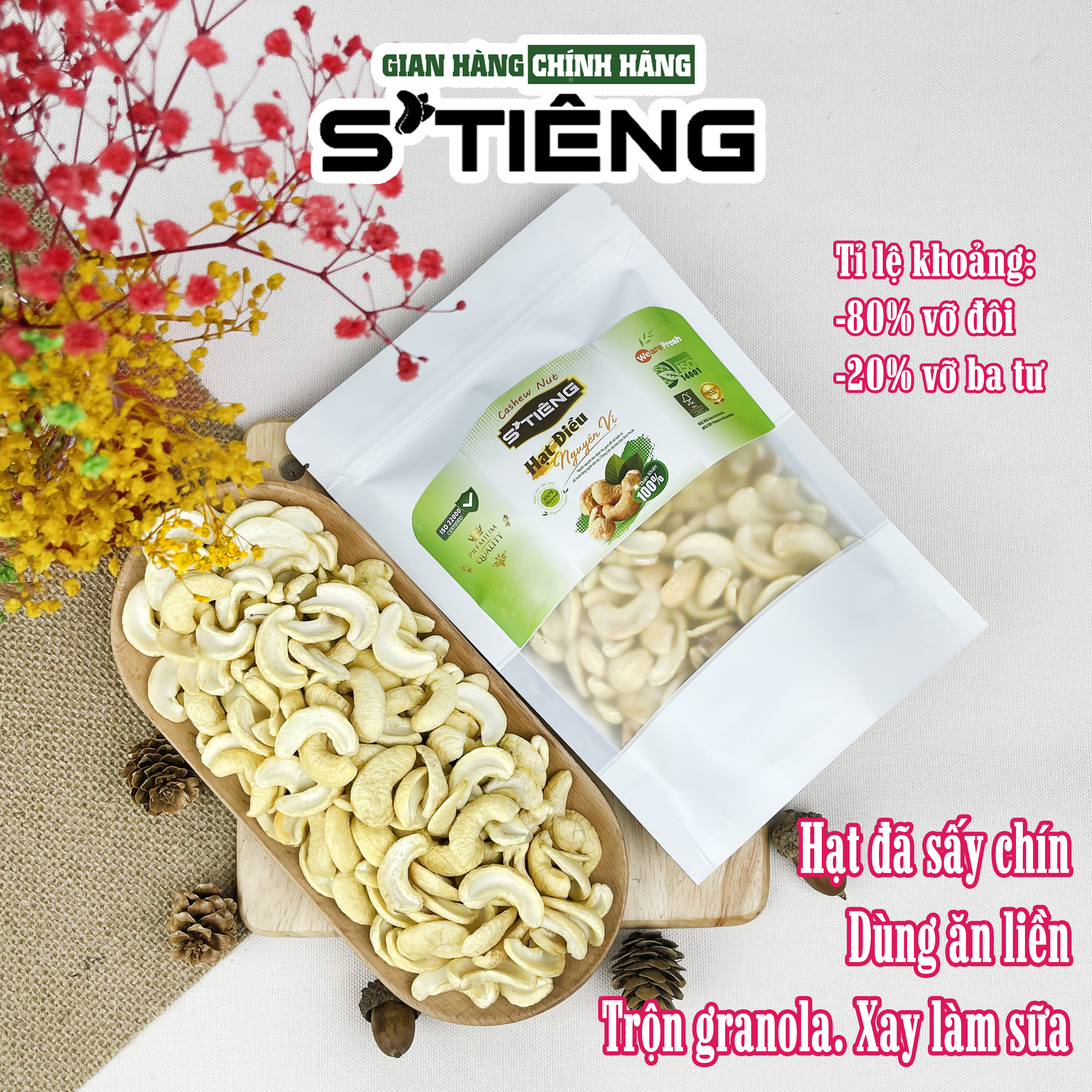 Hạt Điều Nguyên Vị Sấy Chín Không Muối Sạch Vỏ S'TIÊNG Loại Vỡ Đôi