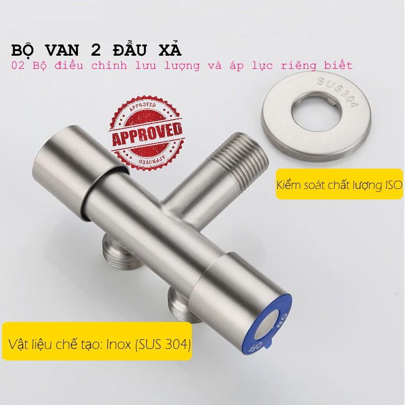 Bộ vòi xịt rửa đa năng gồm van xả 2 cổng điều khiển riêng biệt, dây dẫn nước dạng lò so, vòi tay 2 chế độ