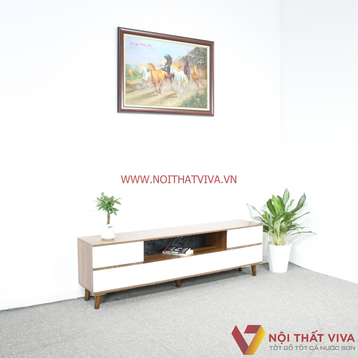 Kệ Tivi Gỗ MDF Melamine Màu Óc Chó 6 Hộc Kéo Trắng Đẹp Hiện Đại