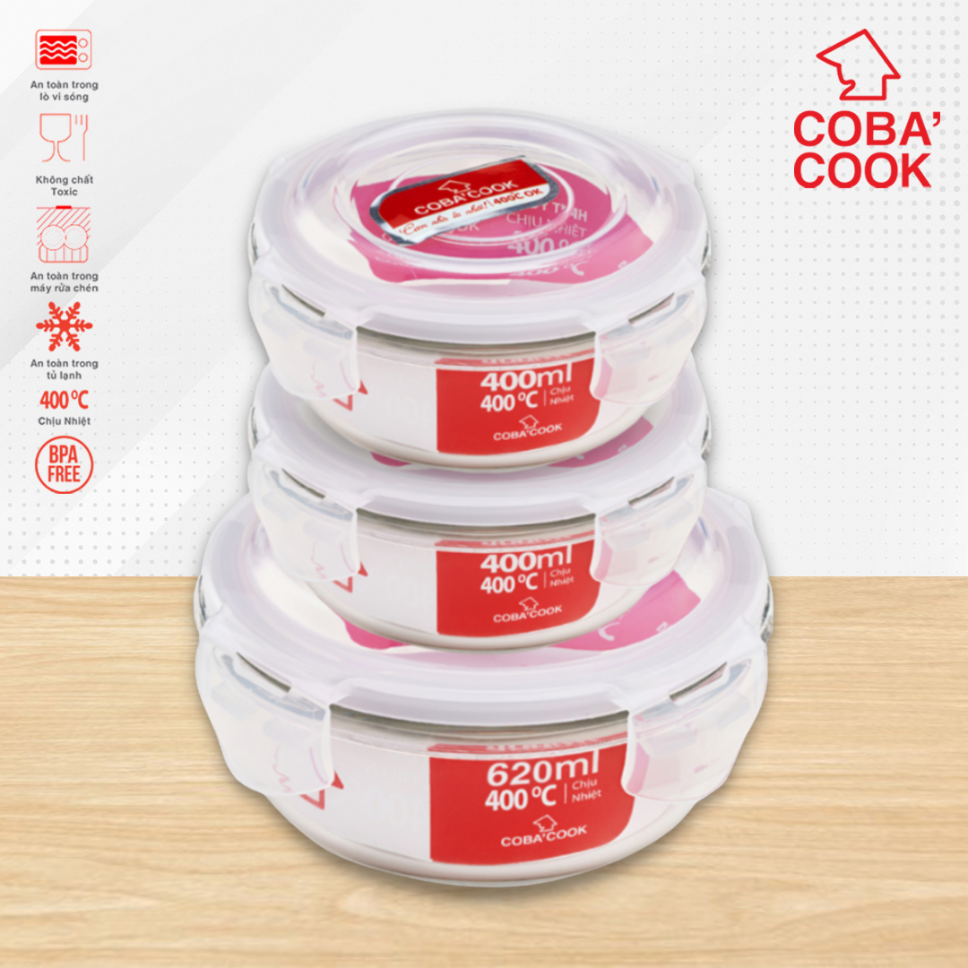 Bộ 3 hộp thủy tinh trữ thực phẩm chịu nhiệt 1 hộp tròn 620ml 2 hộp tròn 400ml COBA'COOK-CCR6R43