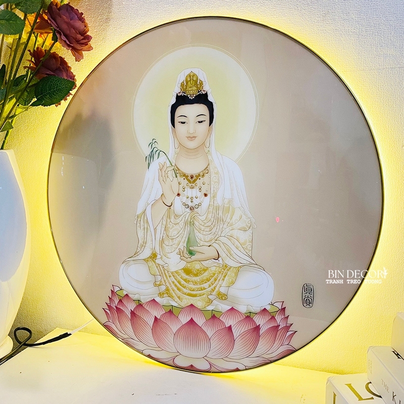 (ẢNH CHỤP)Tranh đèn led tráng gương phật Quan Âm bồ tát trang trí phòng thờ kèm đinh treo