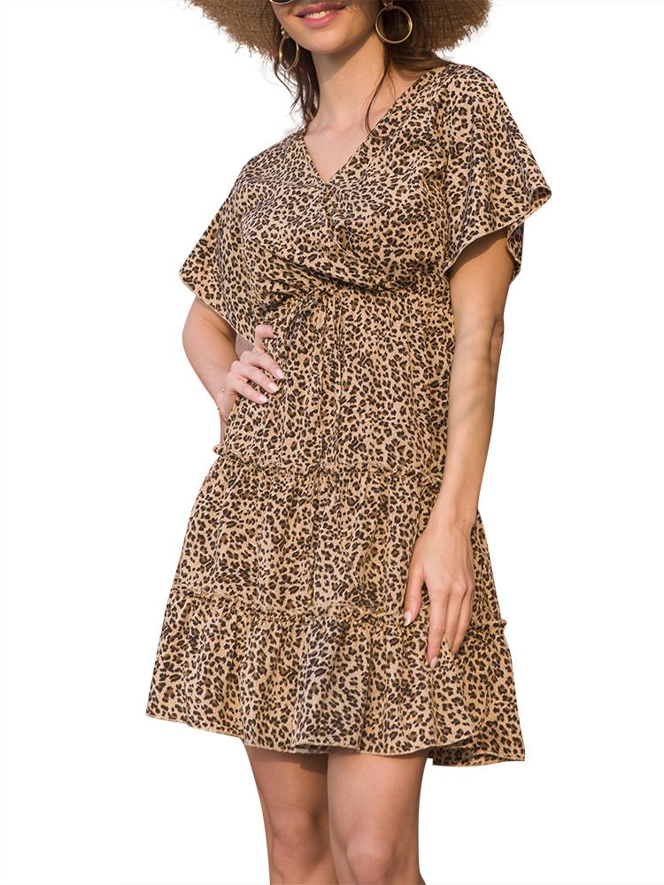 Women Mini Dress A-Line High Waist V Neck Belled Short Sleeves Ruffles Dot/Floral/Leopard Printed Holiday Beach Sundress