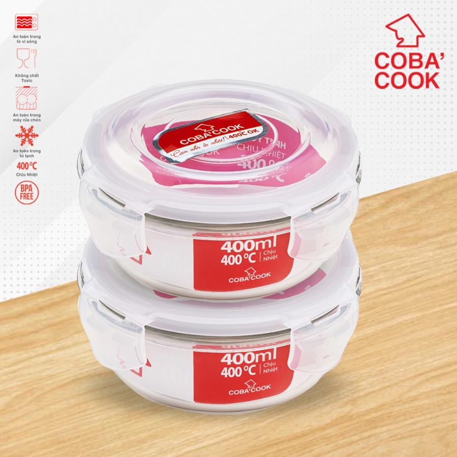 Bộ 2 hộp thủy tinh đựng thực phẩm chịu nhiệt COBA'COOK hình tròn dung tích 400ml - CCR42-1