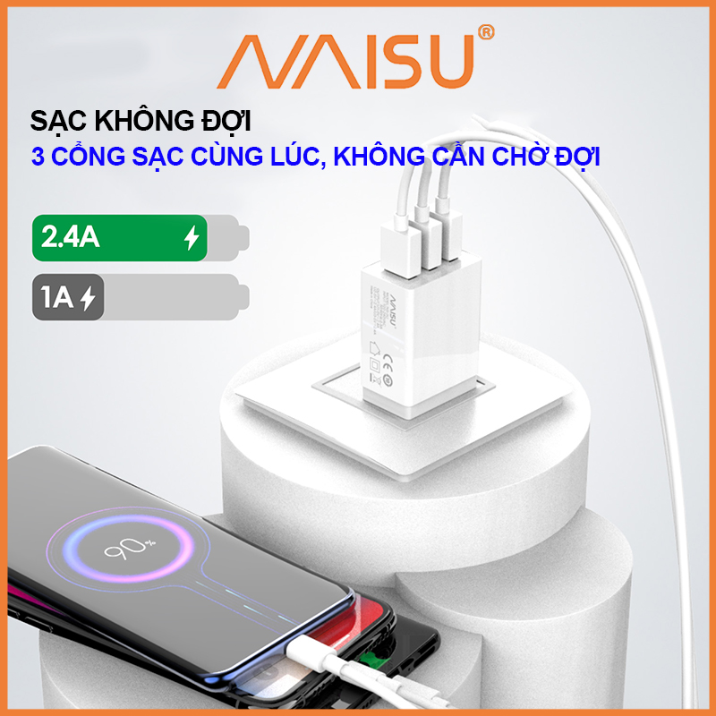 Bộ sạc nhanh, Naisu 3 cổng USB, cáp sạc tùy chọn, hỗ trợ đệm điện thoại IOS Android, NS-3U ID – 1815 - Hàng nhập khẩu