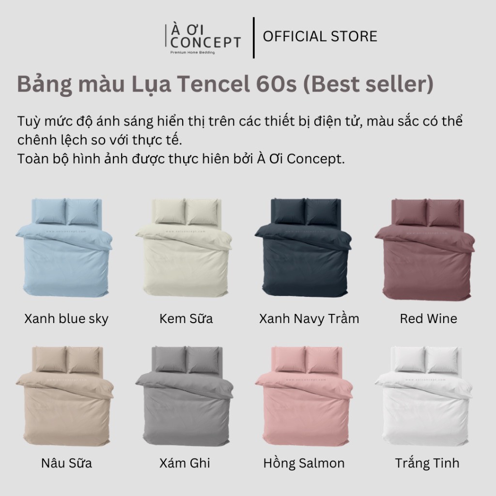 Bộ Chăn Ga Gối 4 Món Lụa Tencel Size 1m8 x 2m Trơn Nhiều Màu À Ơi Concept cao cấp Hàn Quốc