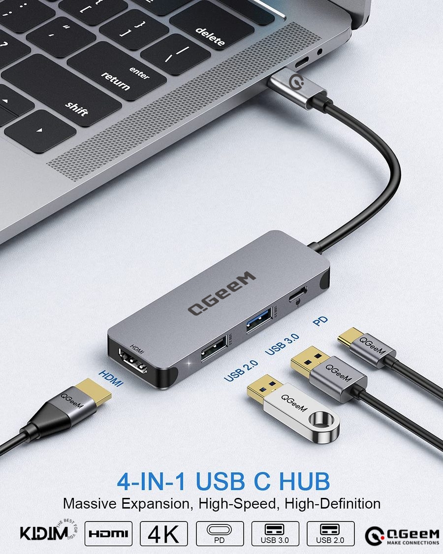 Hub Chuyển Đổi QGeeM Type C 4 trong 1 hỗ trợ chip M1 M2 Type C(Thunderbolt 3) sang HDMI 4K, 1 x USB-C sạc nhanh PD 100W, 1xUSB 3.0, 1xUSB 2.0 - Hàng Chính Hãng