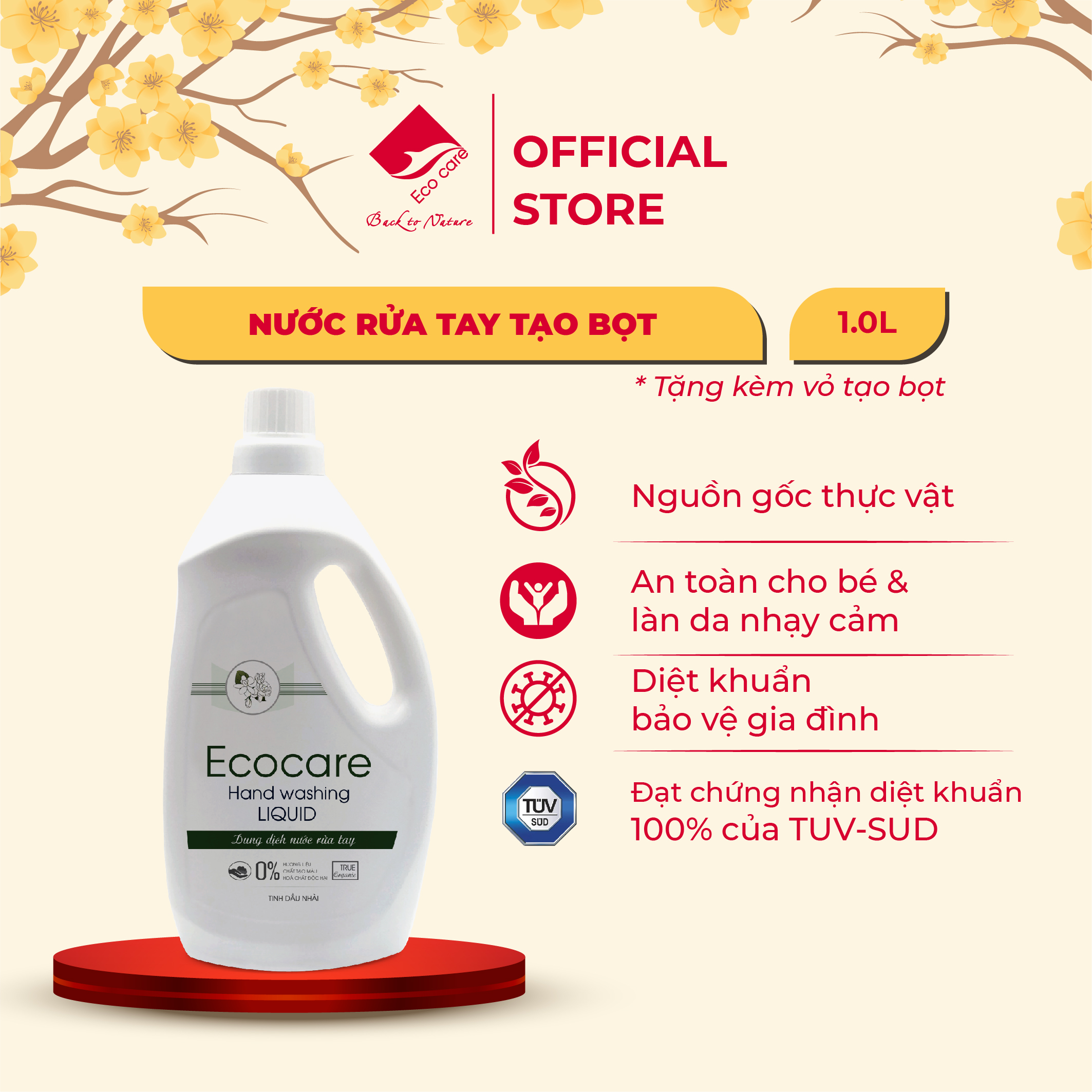 Nước rửa tay hữu cơ diệt khuẩn dạng bọt hương Quế 1000ml thương hiệu Ecocare