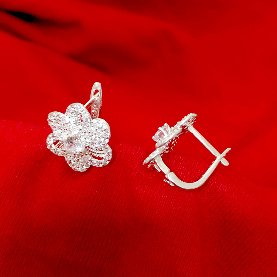Bông tai nữ bạc 925 hình Hoa Đào kiểu khuyên đeo sát tai gắn đá rico cao cấp trang sức
