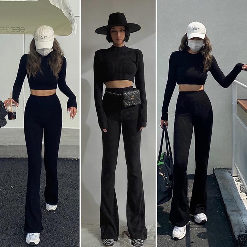 Set Black Uni chất Thun gân mềm gồm áo croptop dài tay với quần Flare Pants chất thun gân mịn độ co giãn cao