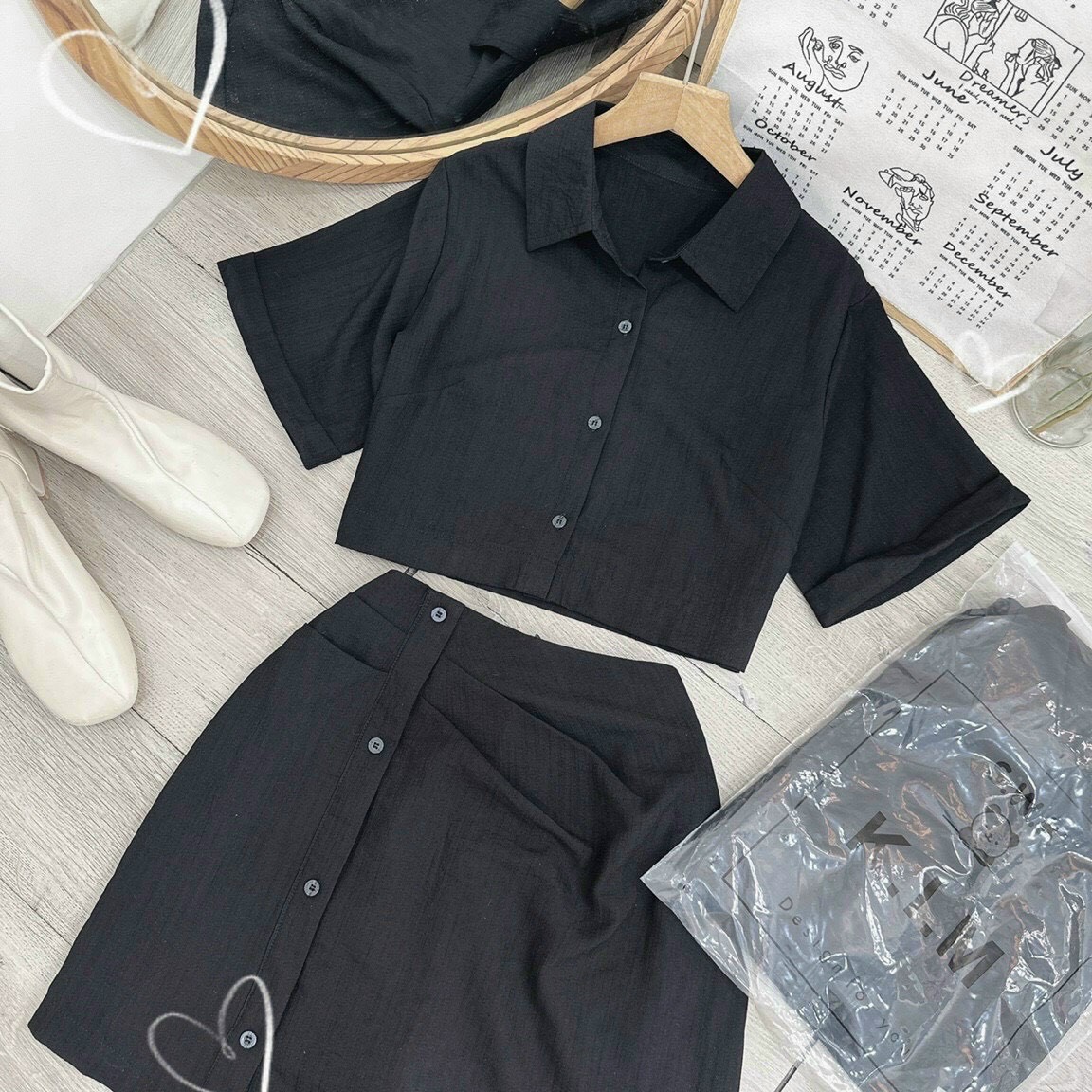 SET ÁO CROPTOP SUÔNG RỘNG TRƠN CỔ SƠ MI + CHÂN VÁY NGĂN SUÔNG ĐEN DẠO PHỐ DỰ TIỆC