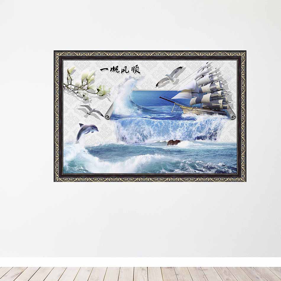 Tranh canvas phong thủy treo tường - Thuận buồm xuôi gió - TBXG004 - Khung hoa văn sang trọng - 120x80cm