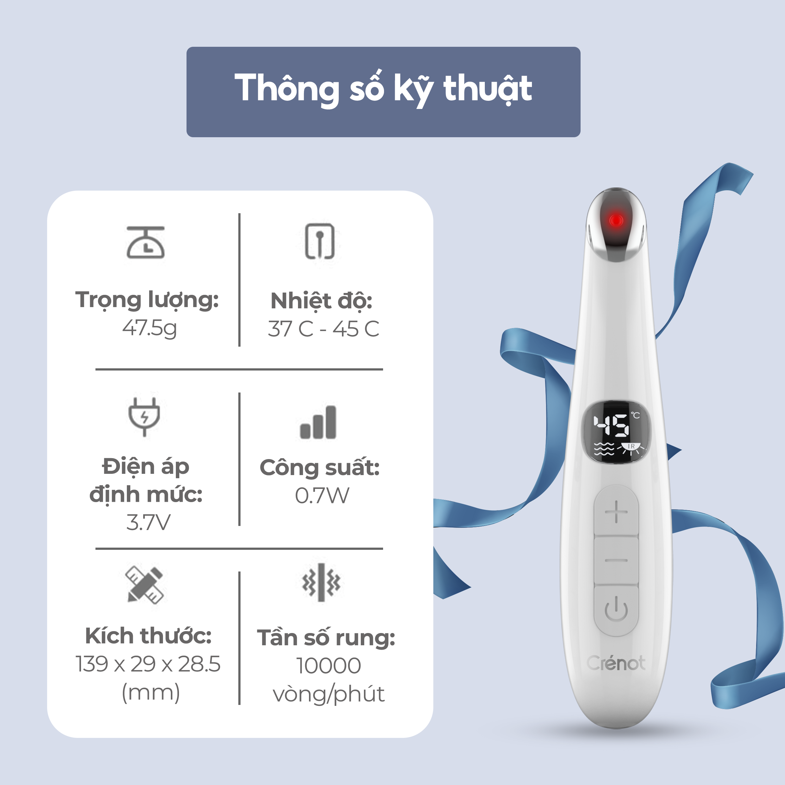 Máy Massage Mắt Cầm Tay Mini Nhiệt Rung Crenot Erie V2 Mát Xa Giảm Thâm Bọng Nhức Mỏi Mờ Nếp Nhăn