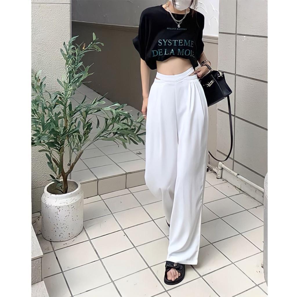 Quần Culottes Nữ Cạp Cao Dây Eo Ống Rộng Vải Tuyết Mưa - TRẮNG