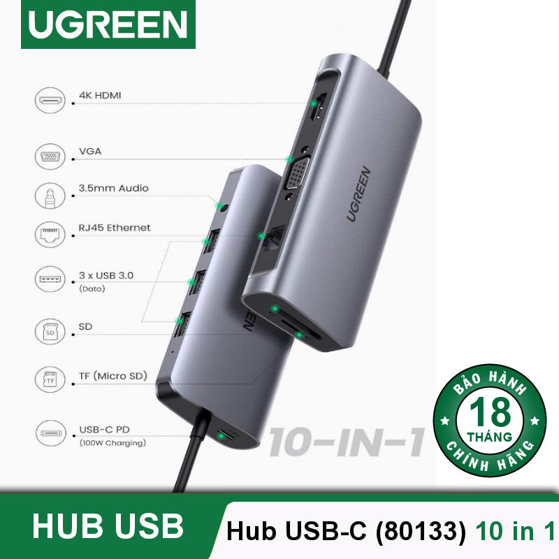 Bộ chuyển đổi đa năng UGREEN CM121 CM212 cho MacBook, Dell XPS 13, và thiết bị máy tính điện thoại hỗ trợ USB type C - Hàng chính hãng