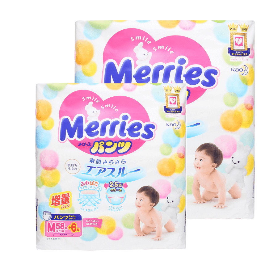 Bỉm - Tã quần Merries cộng miếng size M 58+6 miếng (Cho bé 6~11kg)